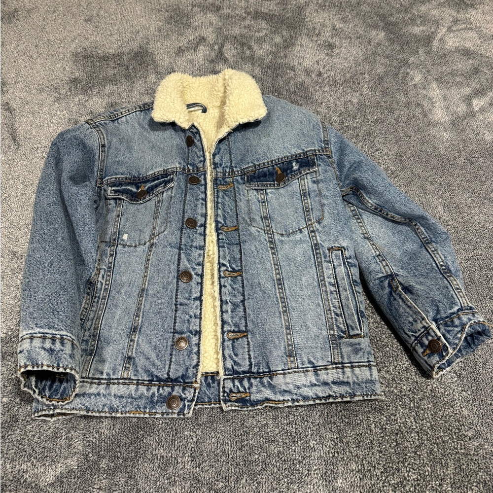 Zara Blue and Cream Jean Jacket with Fleece Collar